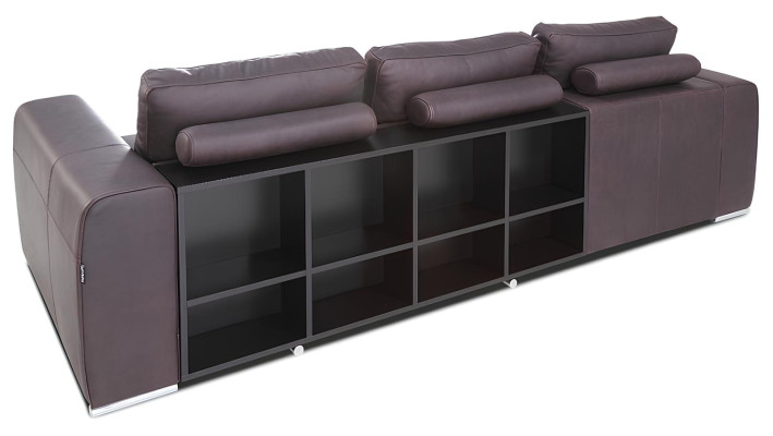 Sofá de canto moderno com acabamento em couro e função de cama