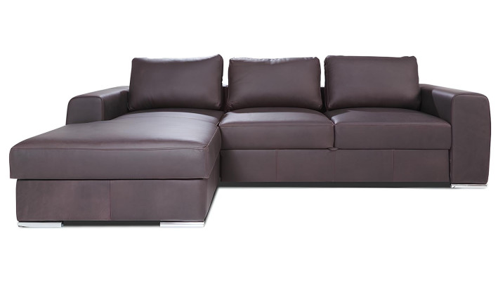 Sofá de canto moderno com acabamento em couro e função de cama