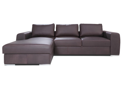 Sofá de canto moderno com acabamento em couro e função de cama