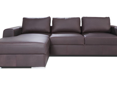 Sofá de canto moderno com acabamento em couro e função de cama