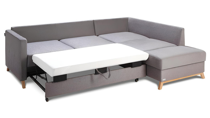 Sofá de canto de tecido L veida com função de cama, novo sofá de canto com espaço de armazenamento para roupa de cama