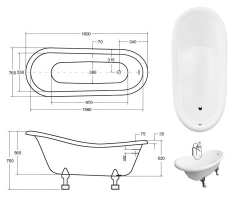 Banheira vintage freestanding, banheira clássica, nova