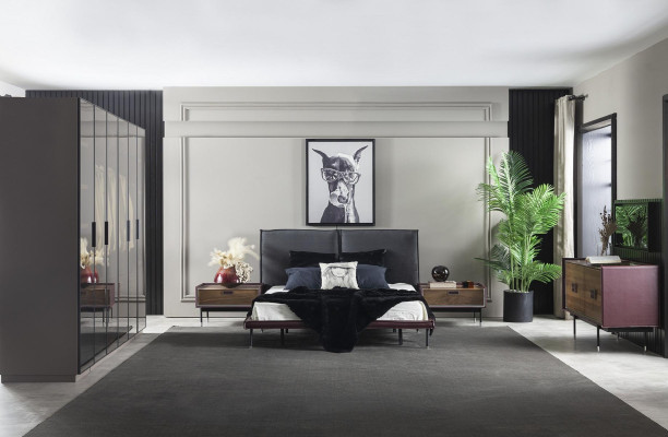 Conjunto de móveis de quarto loft com cama, armário, mesas de cabeceira e cômoda de 5 gavetas