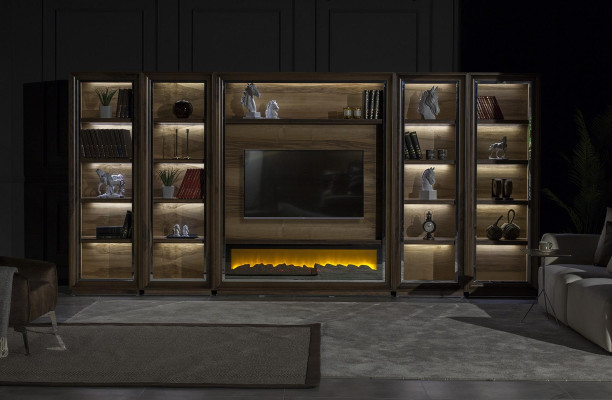 Paredes de sala de estar de luxo, 448 cm, com lareira de madeira