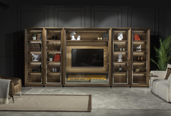 Paredes de sala de estar de luxo, 448 cm, com lareira de madeira