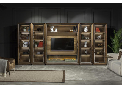 Paredes de sala de estar de luxo, 448 cm, com lareira de madeira