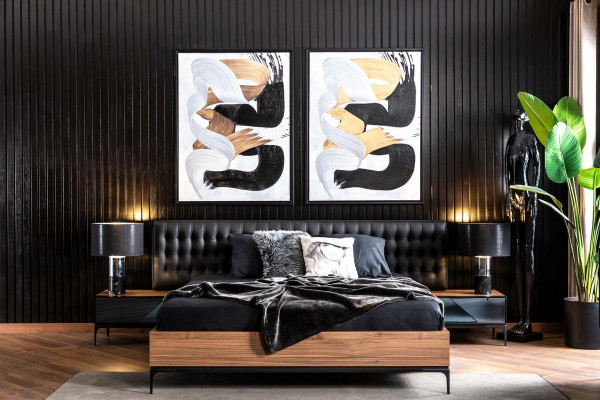 Conjunto de móveis de quarto ideal com cama, mesas de cabeceira e armário em 4 partes.