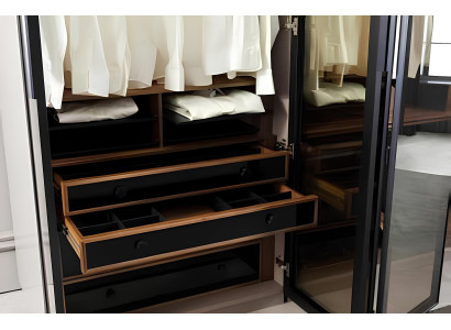 Armário marrom com espaço de armazenamento e portas de vidro