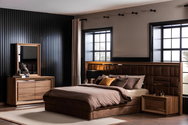 Conjunto de móveis de quarto com cama + mesas de cabeceira de luxo em marrom