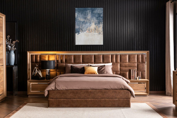 Conjunto de móveis de quarto com cama + mesas de cabeceira de luxo em marrom