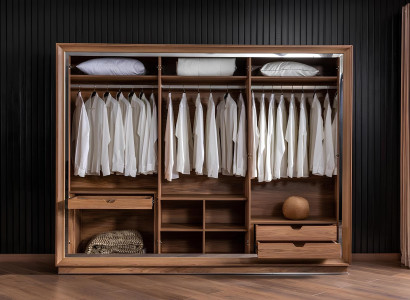 Conjunto de móveis de quarto, incluindo cama, armário e 2 mesas de cabeceira, 4 peças.