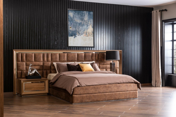 Conjunto de móveis de quarto, incluindo cama, armário e 2 mesas de cabeceira, 4 peças.