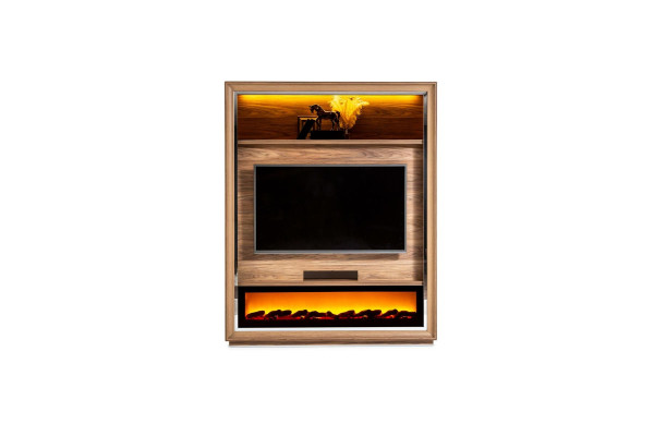 Luxuosa parede de sala de estar com lareira e mesa de centro