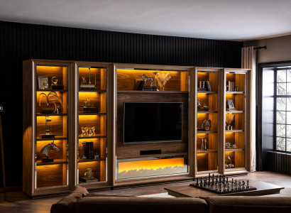 Luxuosa parede de sala de estar com lareira e mesa de centro