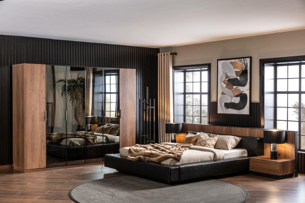 Conjunto de móveis de quarto marrom, incluindo cama, armário e 2 mesas de cabeceira, 4 peças.