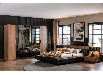 Conjunto de móveis de quarto marrom, incluindo cama, armário e 2 mesas de cabeceira, 4 peças.