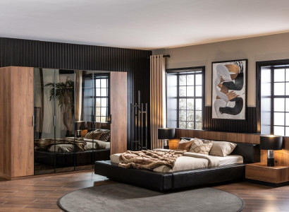 Conjunto de móveis de quarto marrom, incluindo cama, armário e 2 mesas de cabeceira, 4 peças.