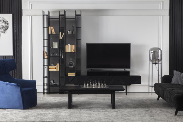 Móvel de parede preto com armazenamento aberto para a sala de estar