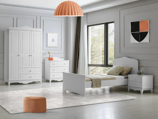 Conjunto de móveis de quarto moderno, criado-mudo, cômoda, armário, branco, 4 peças, elegante