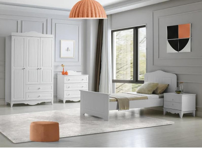 Conjunto de móveis de quarto moderno, criado-mudo, cômoda, armário, branco, 4 peças, elegante