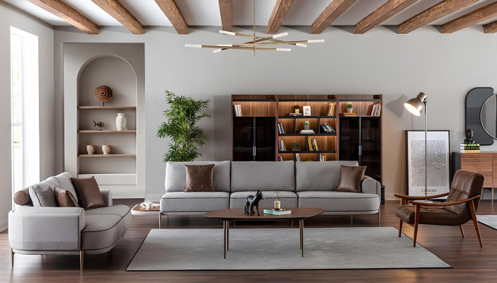 Sofá de tecido cinza para 3 pessoas com mesa de 3 peças