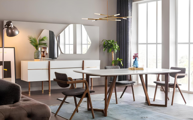 Conjunto de mesa de jantar de madeira branca, mesa, cadeiras, criado-mudo 9 peças.