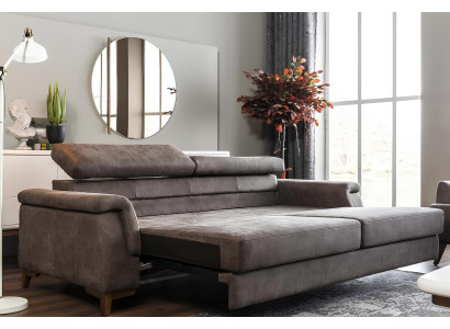 Sofá cinza de três lugares com função de cama