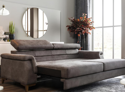 Sofá cinza de três lugares com função de cama