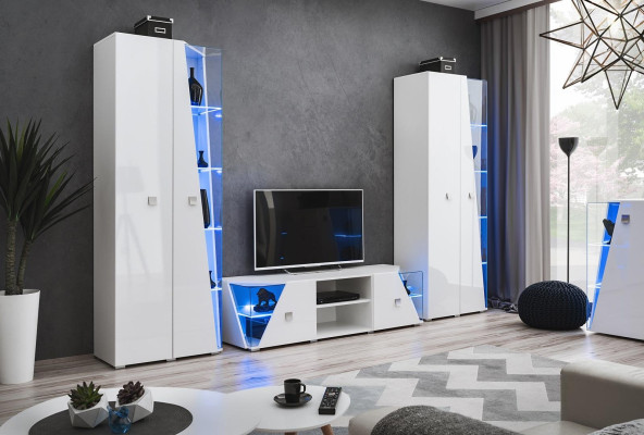 Conjunto de sala de estar branco luxuoso com parede moderna, 2 vitrines e móvel para TV, 3 peças