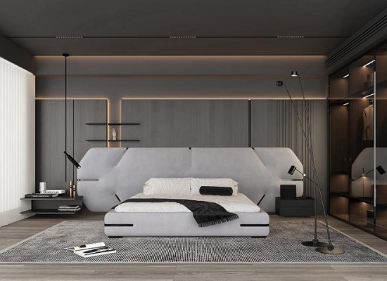 Cama cinza moderna com cabeceira elegante e design para o quarto