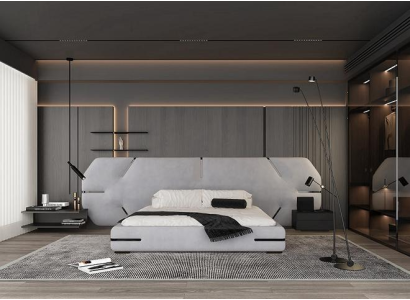 Cama cinza moderna com cabeceira elegante e design para o quarto