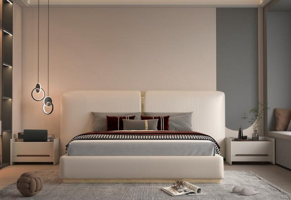 Cama luxuosa bege com detalhes dourados, design moderno, cabeceira para o quarto
