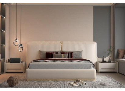 Cama luxuosa bege com detalhes dourados, design moderno, cabeceira para o quarto