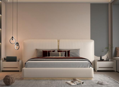 Cama luxuosa bege com detalhes dourados, design moderno, cabeceira para o quarto