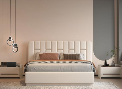 Cama luxuosa bege com cabeceira estofada moderna
