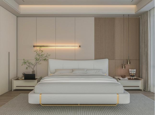 Cama cinza luxuosa com detalhes dourados, design moderno e cabeceira confortável