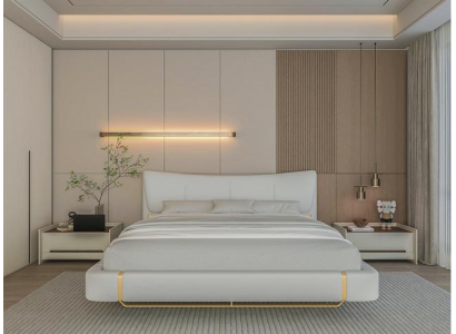 Cama cinza luxuosa com detalhes dourados, design moderno e cabeceira confortável