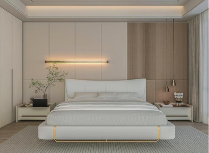 Cama cinza luxuosa com detalhes dourados, design moderno e cabeceira confortável