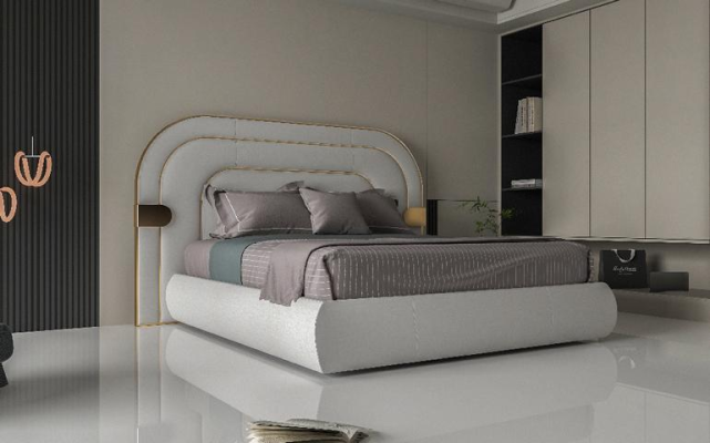 Estrutura de cama cinza luxuosa com detalhes dourados em design moderno e cabeceira macia
