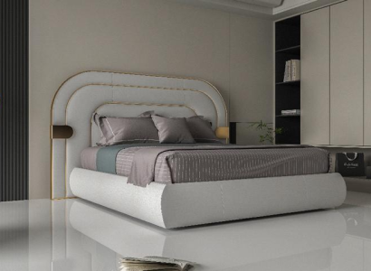 Estrutura de cama cinza luxuosa com detalhes dourados em design moderno e cabeceira macia
