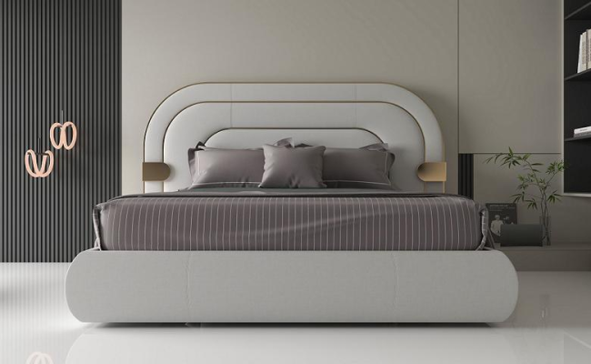 Estrutura de cama cinza luxuosa com detalhes dourados em design moderno e cabeceira macia