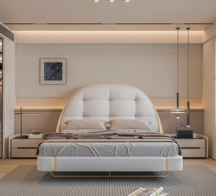 Cama de tecido luxuosa com acentos bordados e cabeceira redonda moderna