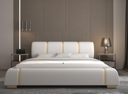 Cama luxuosa com detalhes dourados Design moderno Cabeceira de tecido