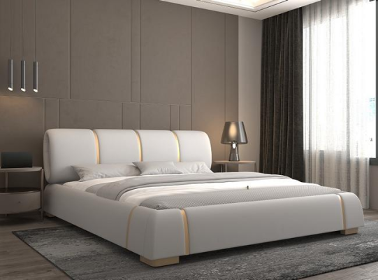Cama luxuosa com detalhes dourados Design moderno Cabeceira de tecido