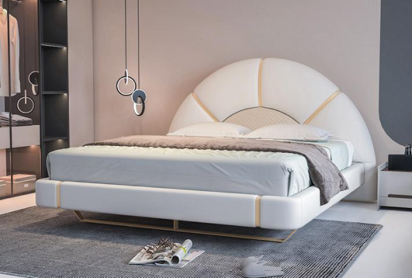Cama de luxo moderna com detalhes dourados, cabeceira arredondada