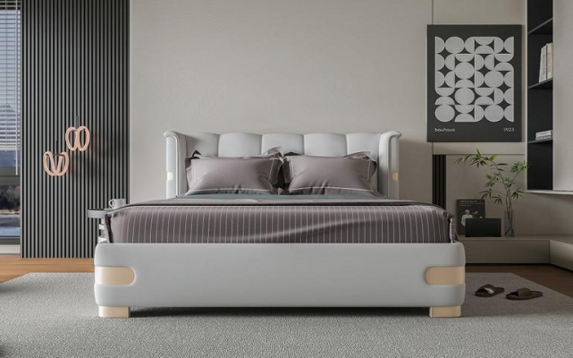 Estrutura de cama cinza luxuosa com detalhes dourados, cabeceira macia para um quarto moderno