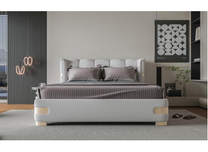 Estrutura de cama cinza luxuosa com detalhes dourados, cabeceira macia para um quarto moderno