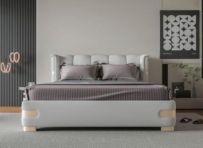 Estrutura de cama cinza luxuosa com detalhes dourados, cabeceira macia para um quarto moderno
