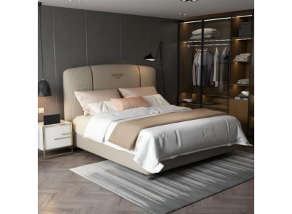 Cama luxuosa em bege com cabeceira estofada moderna