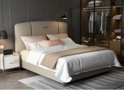Cama luxuosa em bege com cabeceira estofada moderna